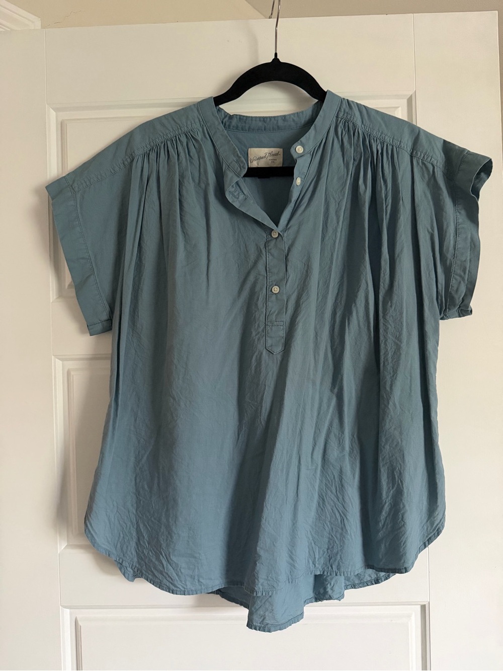 Universal Thread Relaxed Short-Sleeve Band-Collar Blouse in Light Blue
